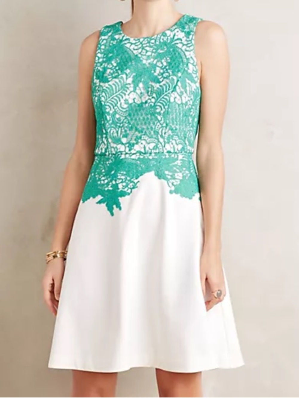 Moulinette Soeurs Anthropologie green white lace arbor fit flare dress size 8
